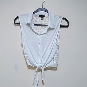 Lime Blue White Tie Front Lace Back Top